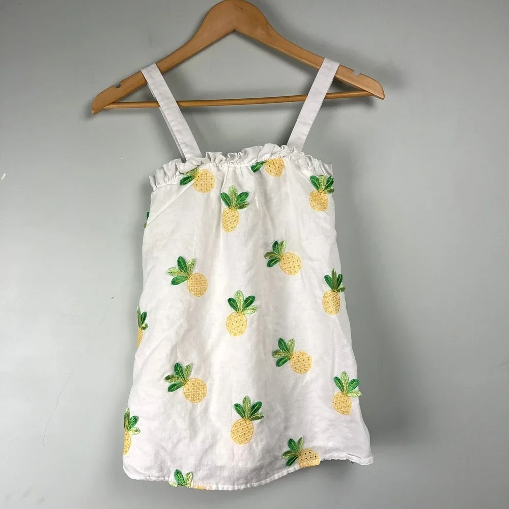 Janie and Jack Girls White Pineapple Embroidered Ramie Cotton Dress Size 6